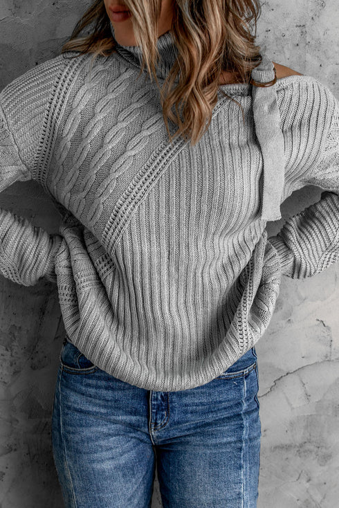 Strapped Cut Out Shoulder Turtleneck Sweater